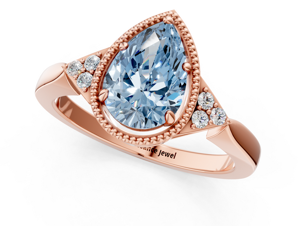 Rose gold Milgrain Fancy Blue Pear  Cut Diamond Ring with Tapered Pave Band and Four Prong Setting