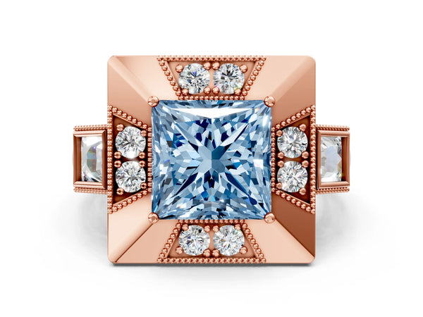 Rose Gold Princess Cut Vintage Halo Engagement Ring Setting for Fancy Blue Center - Design RJ-711