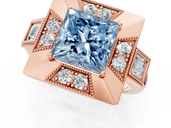 Rose Gold Princess Cut Vintage Halo Engagement Ring Setting for Fancy Blue Center - Design RJ-711