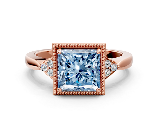 Rose gold Milgrain Fancy Blue Princess  Cut Diamond Ring with Tapered Pave Band and Four Prong Setting