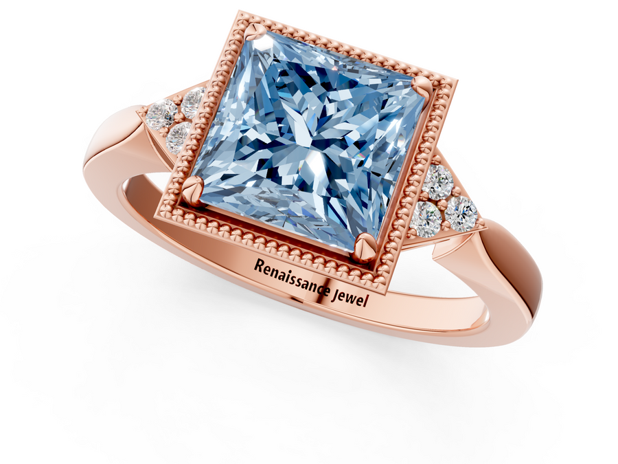 Rose gold Milgrain Fancy Blue Princess  Cut Diamond Ring with Tapered Pave Band and Four Prong Setting