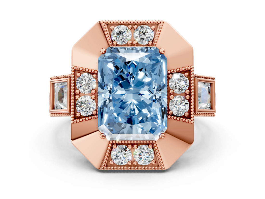 Rose gold Milgrain Fancy Blue Radiant Cut Diamond Halo Split Shank Ring_12