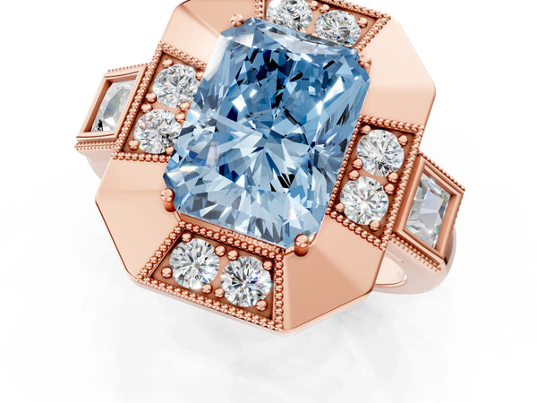 Rose Gold Radiant Cut Vintage Halo Engagement Ring Setting for Fancy Blue Center - Design RJ-711