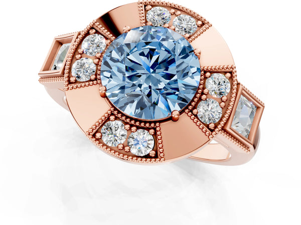 Rose Gold Round Vintage Halo Engagement Ring Setting for Fancy Blue Center - Design RJ-711