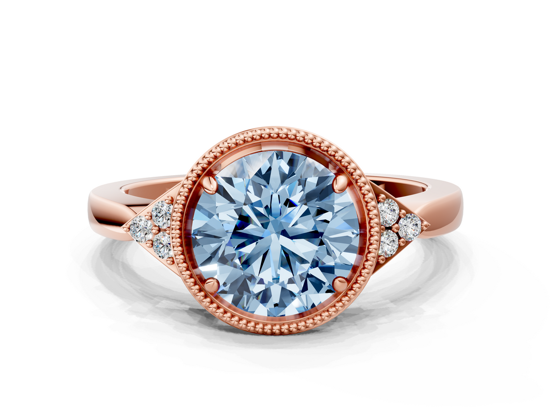 Rose gold Milgrain Fancy Blue Round  Cut Diamond Ring with Tapered Pave Band and Four Prong Setting_3