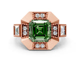 Rose gold Milgrain Fancy Green Asscher Cut Diamond Halo Split Shank Ring
