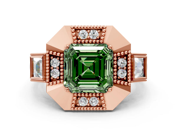 Rose Gold Asscher Cut Vintage Halo Engagement Ring Setting for Fancy Green Center - Design RJ-711