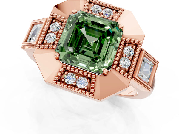 Rose Gold Asscher Cut Vintage Halo Engagement Ring Setting for Fancy Green Center - Design RJ-711