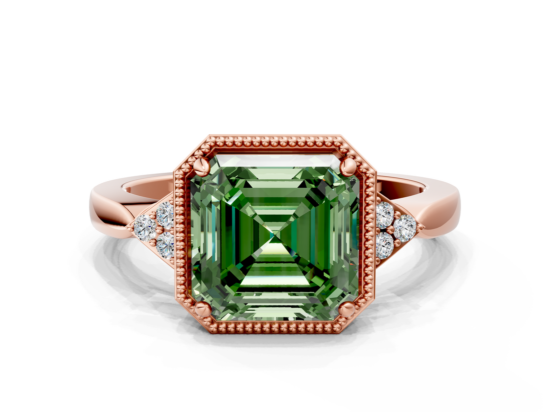 Rose gold Milgrain Fancy Green Asscher  Cut Diamond Ring with Tapered Pave Band and Four Prong Setting_17