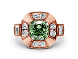 Rose gold Milgrain Fancy Green Cushion Cut Diamond Halo Split Shank Ring