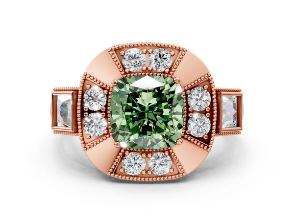 Rose Gold Cushion Cut Vintage Halo Engagement Ring Setting for Fancy Green Center - Design RJ-711