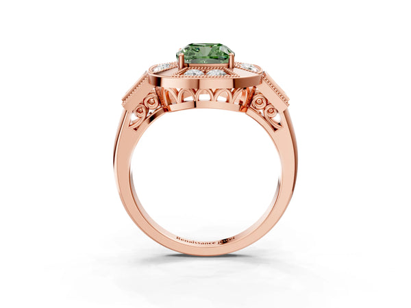 Rose Gold Cushion Cut Vintage Halo Engagement Ring Setting for Fancy Green Center - Design RJ-711
