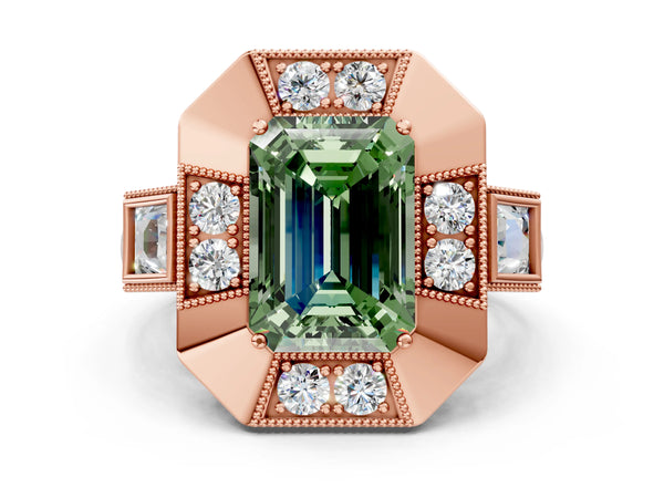 Rose Gold Emerald Cut Vintage Halo Engagement Ring Setting for Fancy Green Center - Design RJ-711