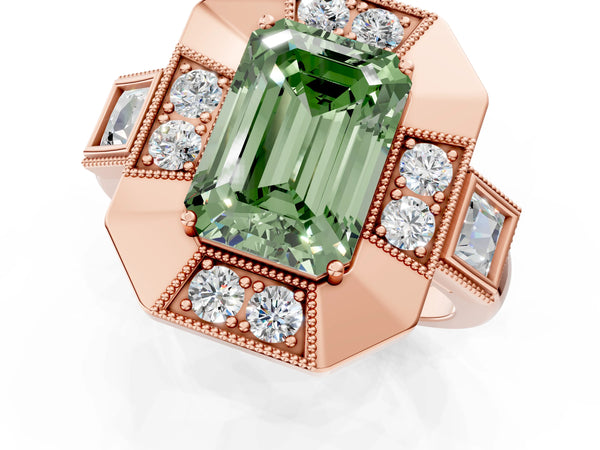 Rose Gold Emerald Cut Vintage Halo Engagement Ring Setting for Fancy Green Center - Design RJ-711