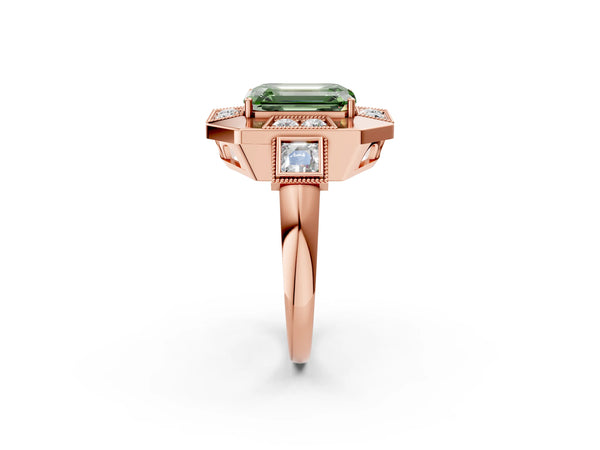 Rose Gold Emerald Cut Vintage Halo Engagement Ring Setting for Fancy Green Center - Design RJ-711