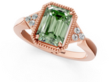 Rose gold Milgrain Fancy Green Emerald  Cut Diamond Ring with Tapered Pave Band and Four Prong Setting_4