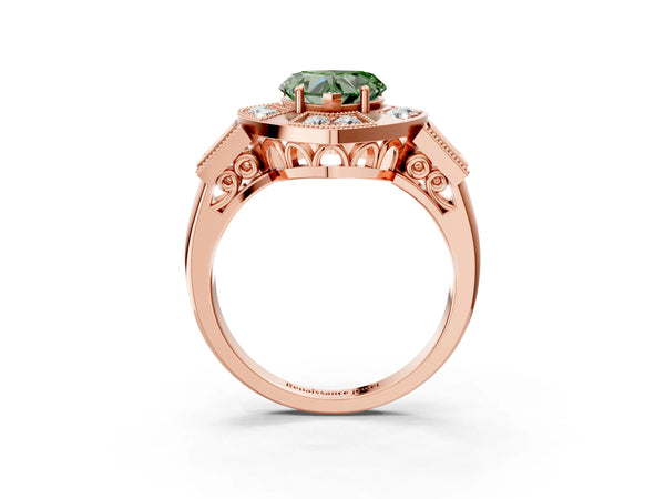 Rose Gold Heart-Shaped Vintage Halo Engagement Ring Setting for Fancy Green Center - Design RJ-711
