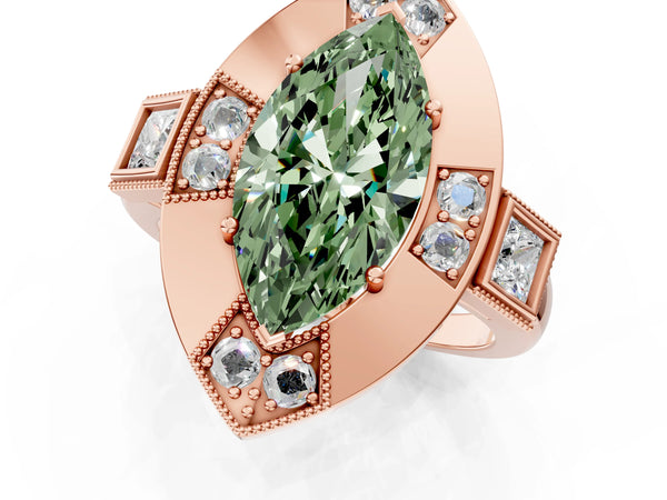 Rose Gold Marquise Vintage Halo Engagement Ring Setting for Fancy Green Center - Design RJ-711