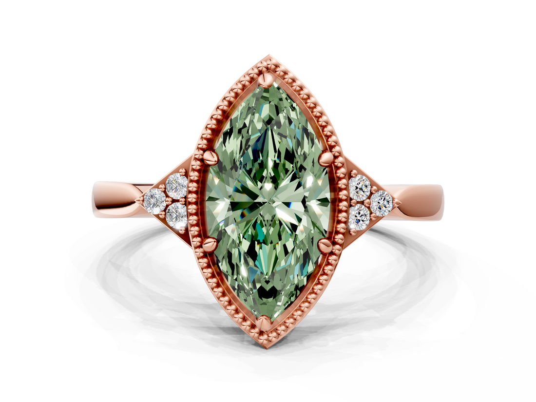 Rose gold Milgrain Fancy Green Marquise  Cut Diamond Ring with Tapered Pave Band and Four Prong Setting_3