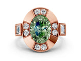 Rose gold Milgrain Fancy Green Oval Cut Diamond Halo Split Shank Ring