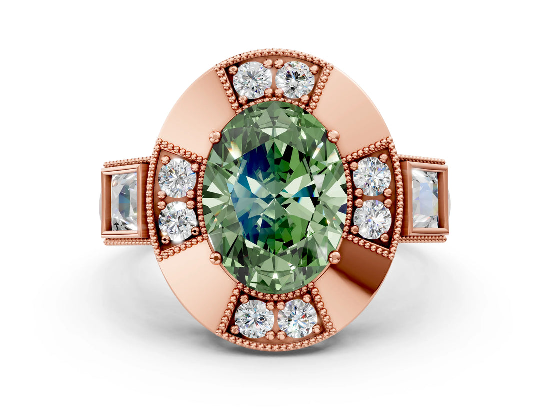 Rose gold Milgrain Fancy Green Oval Cut Diamond Halo Split Shank Ring_6