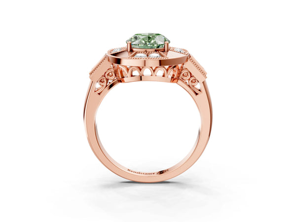 Rose Gold Oval Vintage Halo Engagement Ring Setting for Fancy Green Center - Design RJ-711