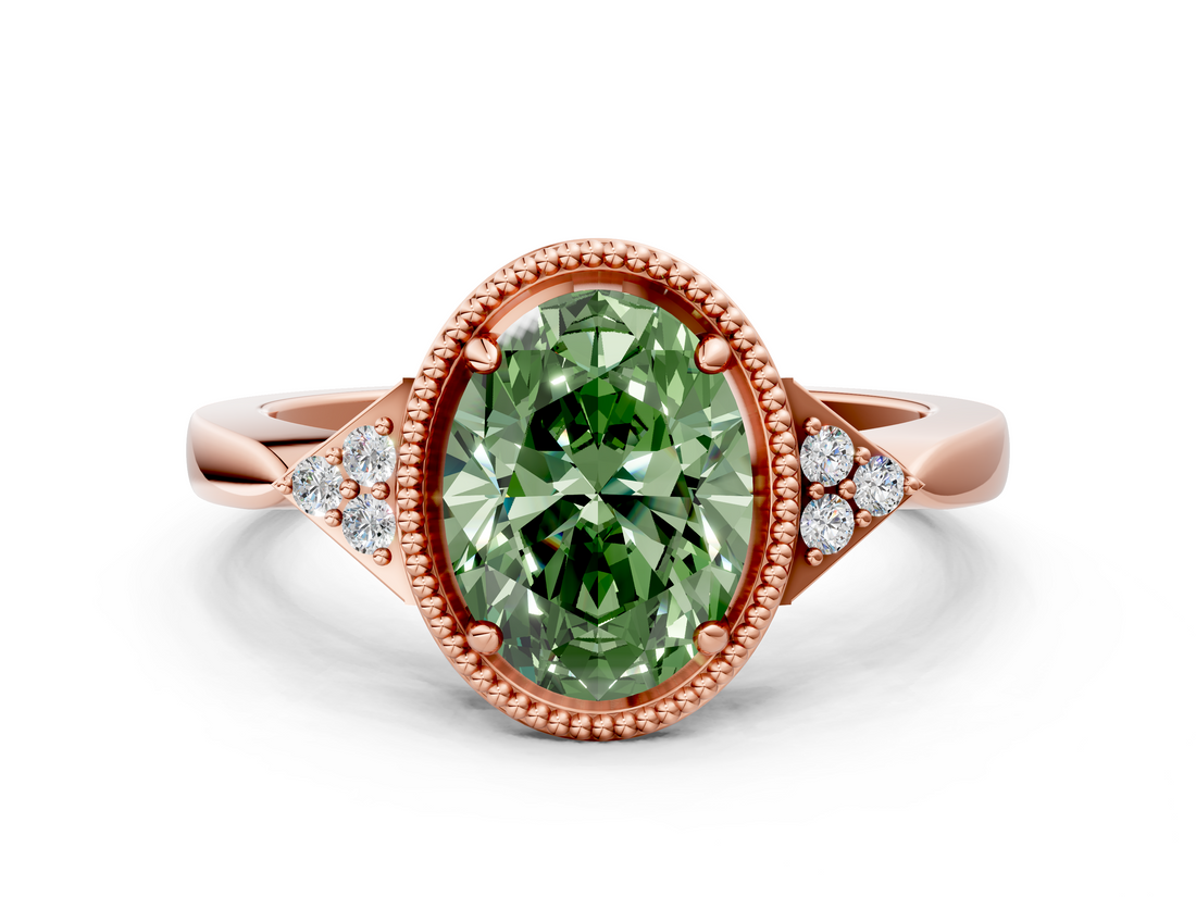 Rose gold Milgrain Fancy Green Oval  Cut Diamond Ring with Tapered Pave Band and Four Prong Setting_3