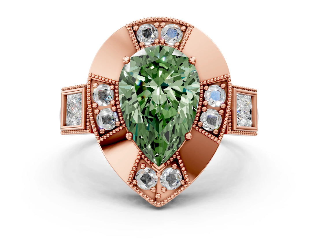 Rose gold Milgrain Fancy Green Pear Cut Diamond Halo Split Shank Ring_6
