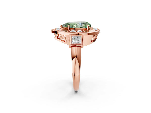Rose Gold Pear-Shaped Vintage Halo Engagement Ring Setting for Fancy Green Center - Design RJ-711