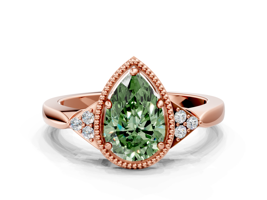Rose gold Milgrain Fancy Green Pear  Cut Diamond Ring with Tapered Pave Band and Four Prong Setting_3