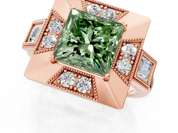 Rose Gold Princess Cut Vintage Halo Engagement Ring Setting for Fancy Green Center - Design RJ-711