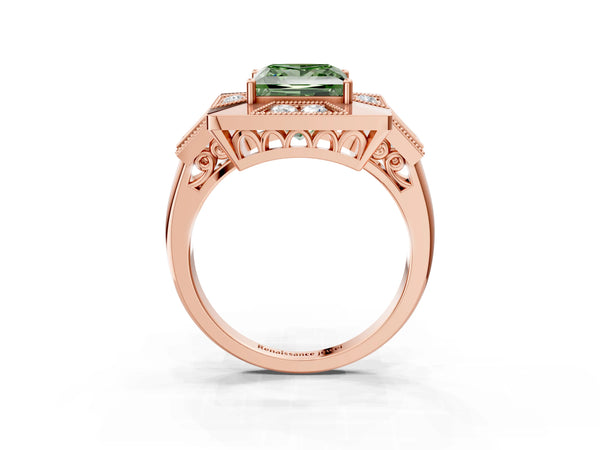 Rose Gold Princess Cut Vintage Halo Engagement Ring Setting for Fancy Green Center - Design RJ-711