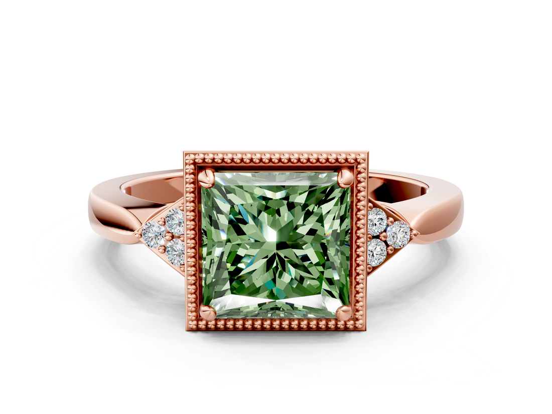 Rose gold Milgrain Fancy Green Princess  Cut Diamond Ring with Tapered Pave Band and Four Prong Setting_17