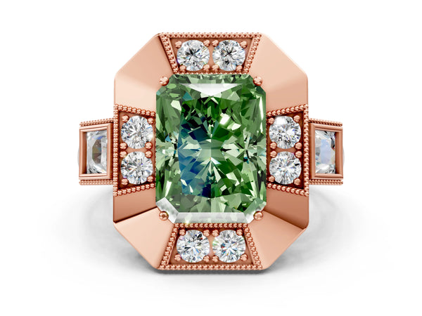 Rose Gold Radiant Cut Vintage Halo Engagement Ring Setting for Fancy Green Center - Design RJ-711