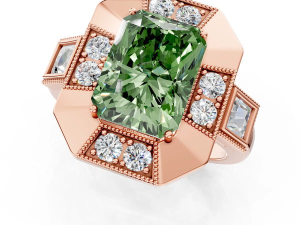 Rose Gold Radiant Cut Vintage Halo Engagement Ring Setting for Fancy Green Center - Design RJ-711