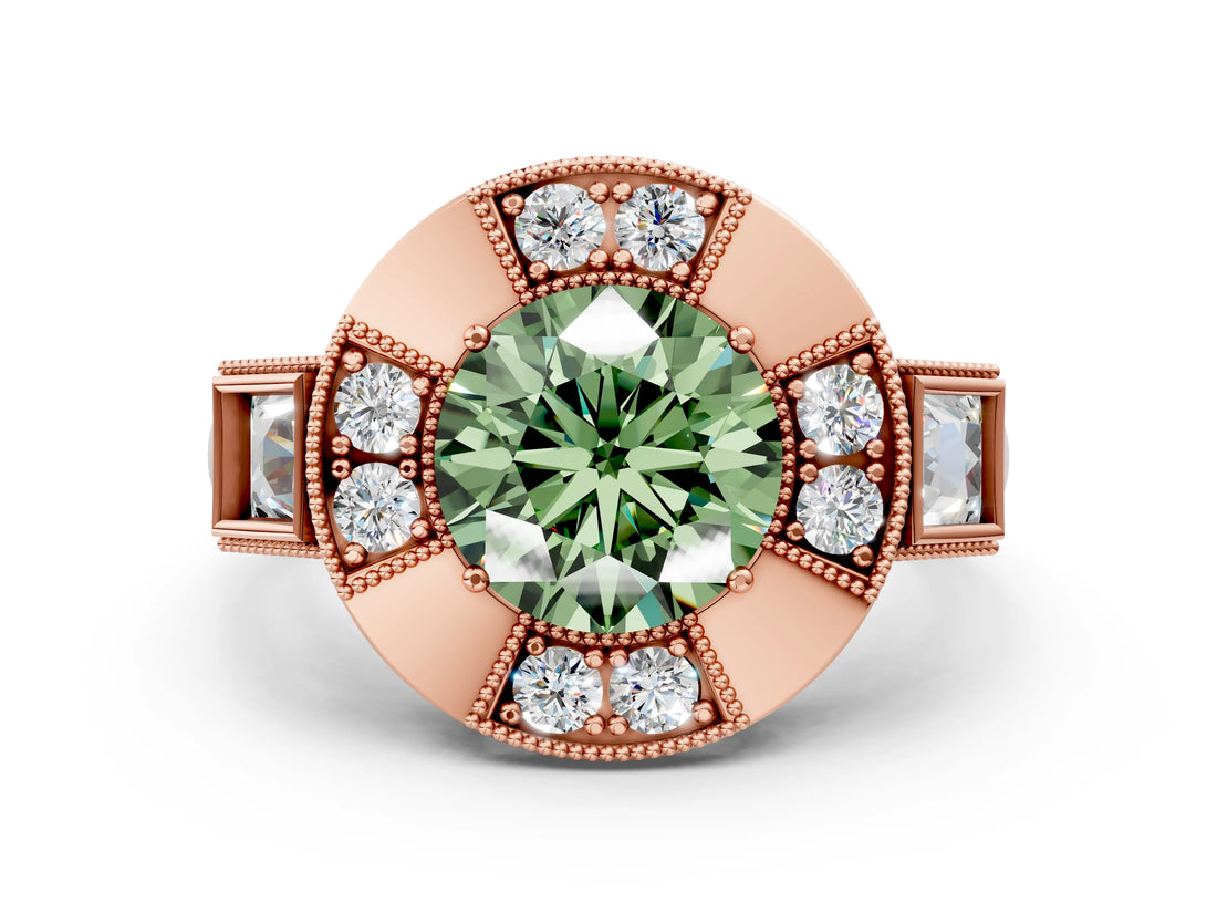 Rose gold Milgrain Fancy Green Round Cut Diamond Halo Split Shank Ring_12