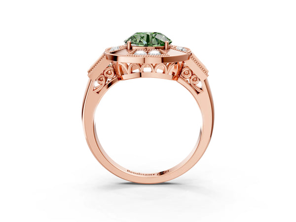 Rose Gold Round Vintage Halo Engagement Ring Setting for Fancy Green Center - Design RJ-711