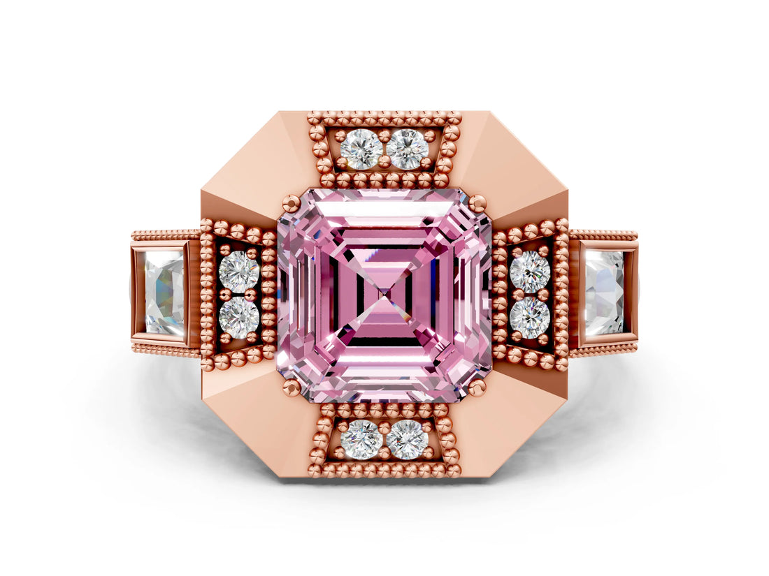 Rose gold Milgrain Fancy Pink Asscher Cut Diamond Halo Split Shank Ring