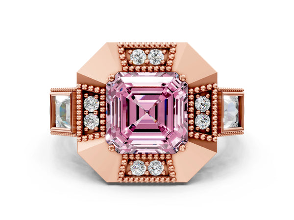 Rose Gold Asscher Cut Vintage Halo Engagement Ring Setting for Fancy Pink Center - Design RJ-711