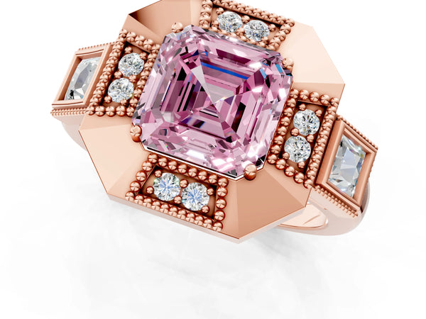 Rose Gold Asscher Cut Vintage Halo Engagement Ring Setting for Fancy Pink Center - Design RJ-711
