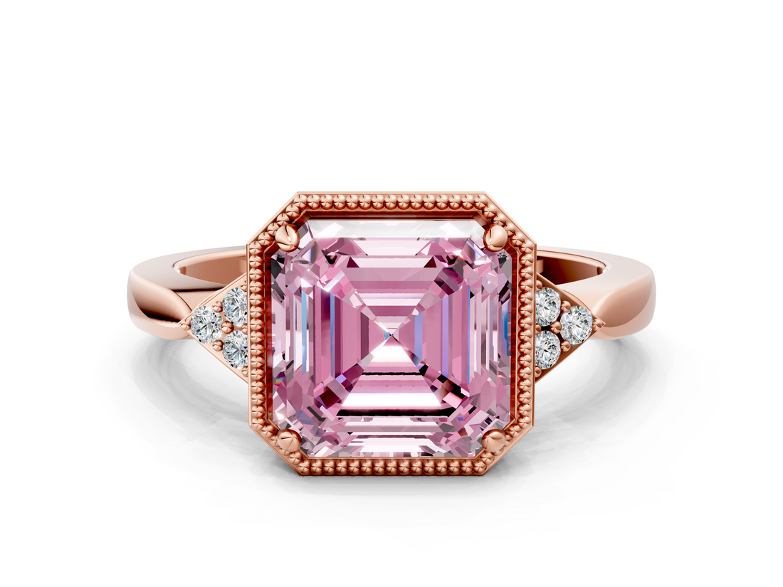 Rose gold Milgrain Fancy Pink Asscher  Cut Diamond Ring with Tapered Pave Band and Four Prong Setting_17