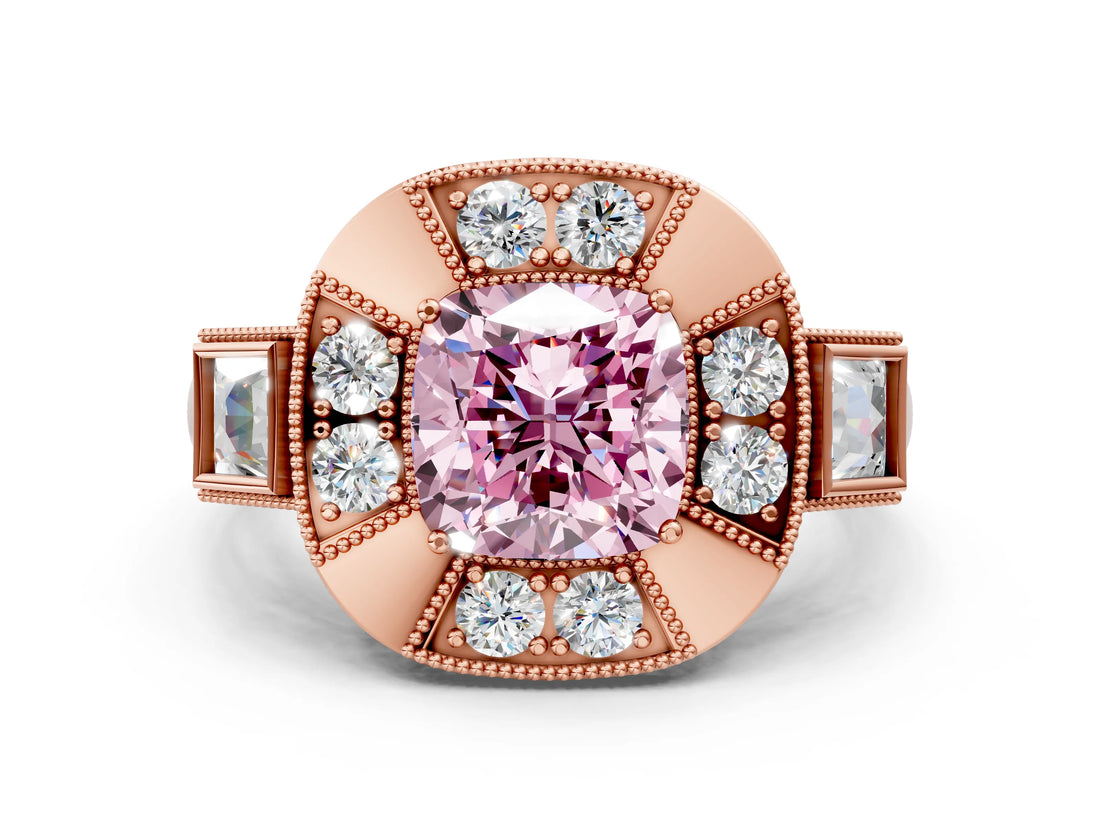 Rose gold Milgrain Fancy Pink Cushion Cut Diamond Halo Split Shank Ring