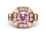 Rose gold Milgrain Fancy Pink Cushion Cut Diamond Halo Split Shank Ring