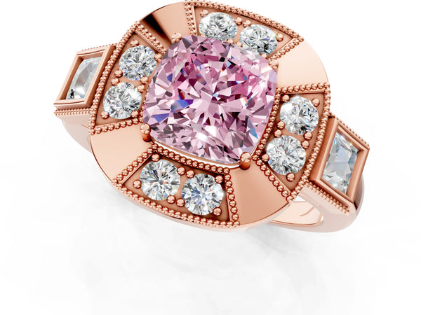 Rose Gold Cushion Cut Vintage Halo Engagement Ring Setting for Fancy Pink Center - Design RJ-711