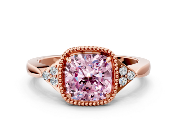 Rose gold Milgrain Fancy Pink Cushion  Cut Diamond Ring with Tapered Pave Band and Four Prong Setting