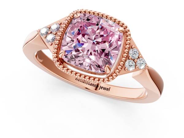 Rose gold Milgrain Fancy Pink Cushion  Cut Diamond Ring with Tapered Pave Band and Four Prong Setting