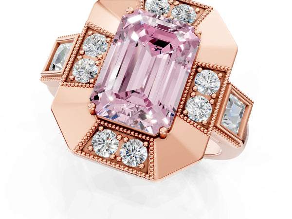 Rose Gold Emerald Cut Vintage Halo Engagement Ring Setting for Fancy Pink Center - Design RJ-711
