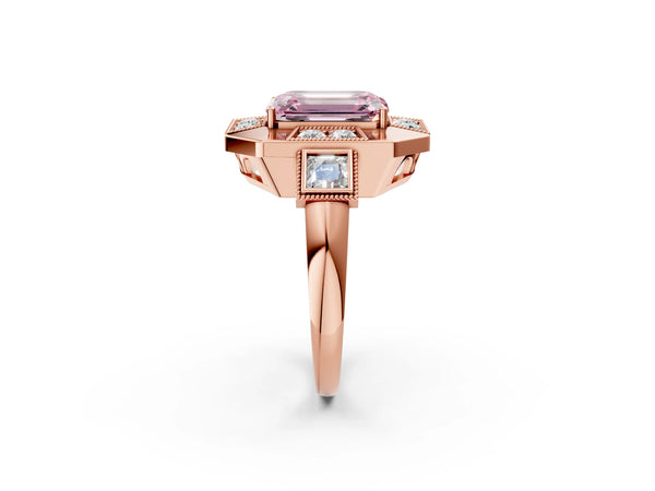 Rose Gold Emerald Cut Vintage Halo Engagement Ring Setting for Fancy Pink Center - Design RJ-711