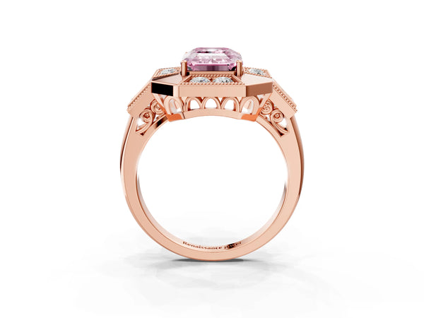 Rose Gold Emerald Cut Vintage Halo Engagement Ring Setting for Fancy Pink Center - Design RJ-711