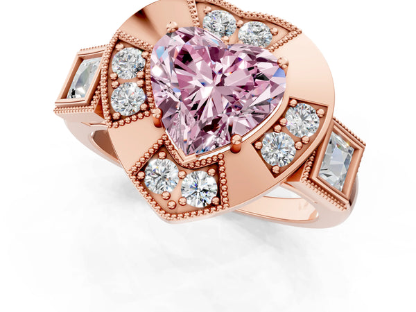 Rose Gold Heart-Shaped Vintage Halo Engagement Ring Setting for Fancy Pink Center - Design RJ-711